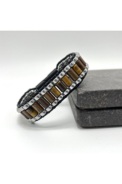 YILDIZ DOĞAL TAŞ Sertifikalı Kaplan Gözü ve Hematit Silindir Kesim Kilitli Doğal Taş Deri Erkek Bileklik