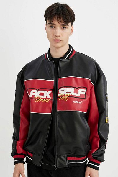DeFacto Water Repellent Oversize Wide Fit College Collar Zipper Pocket Seasonal Lightweight Faux Leather Bomber Coat Jacket