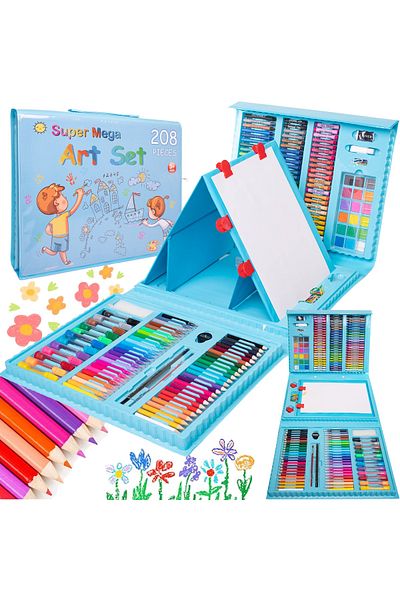 WePro Store Complete Painting and Drawing Set, 208 Pieces, Markers, Pencils, Pastels, Watercolors, Blue Box