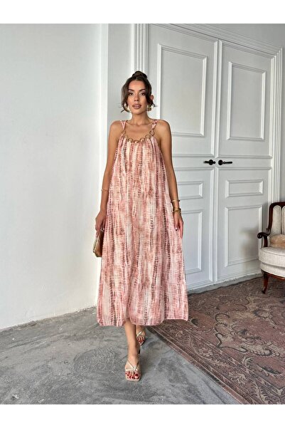 İLKCET MODA Μακρύ χαλαρό γυναικείο φόρεμα με λεπτομέρεια δαχτυλιδιού