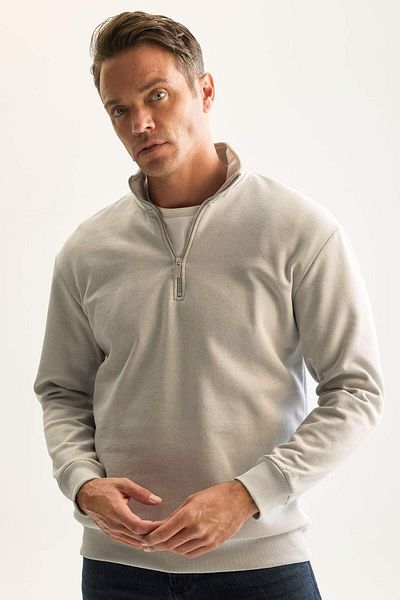 DeFacto Graues 3-fädiges, dickes Sweatshirt aus Baumwolle mit Fleece-Innenseite, reguläre Passform, bequemer Passform, Stehkragen und Reißverschluss