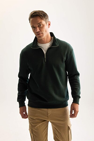 DeFacto 3 İplik Pamuklu Şardonlu İçi Polarlı Comfort Regular Fit Rahat Kalıp Dik Yaka Fermuarlı Kalın Sweats