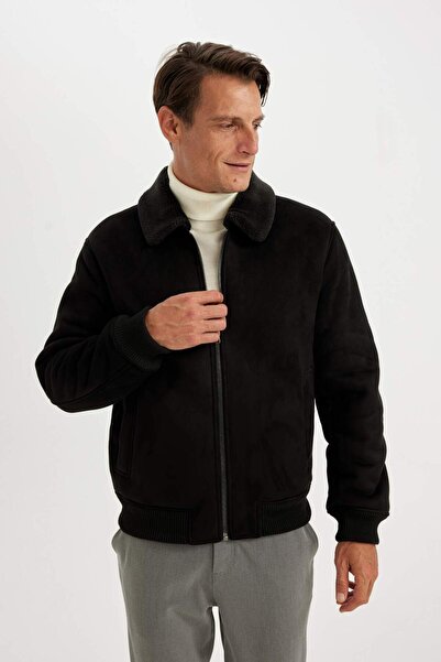 DeFacto Slim Fit semišový kabát s podšívkou Košilový límec slim fit s kapsami Umělá kožešina A3869Ax24Wn