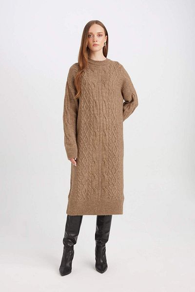 DeFacto Rochie de tricotaje maxi cu mânecă lungă, cu decolteu rotund, împletită de păr, de bază, Y2073AZ24WN