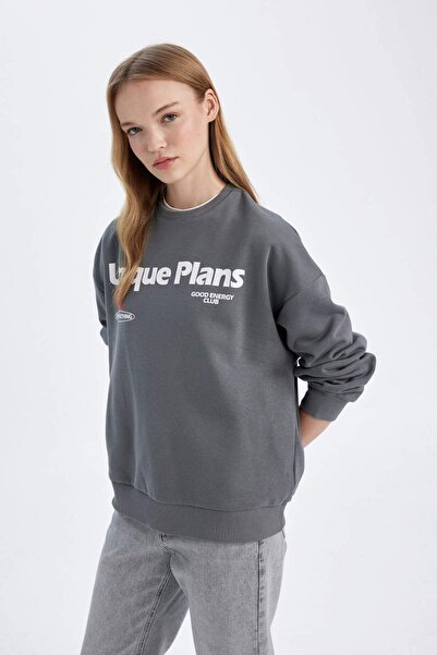 DeFacto Loose Fit Bisiklet Yaka Sırt Baskılı Kalın Sweatshirt D6565AX24WN