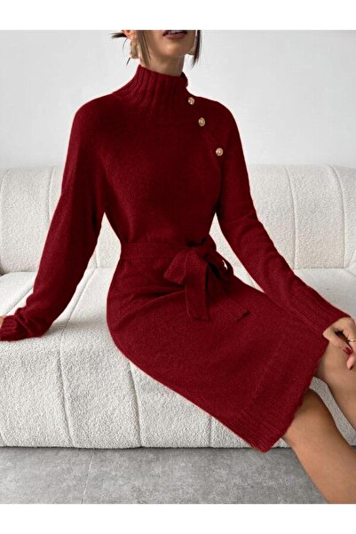 MAXXANA Button Detailed Raglan Sleeve Belted Knitwear Dress