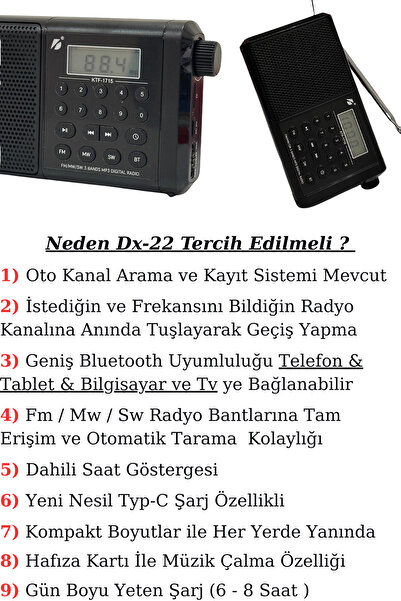 KTS Dx-22 Bluetoothlu Dijital Radyo - Nostaljik Radyo & Fm Radyo - Kablosuz Müzik Sistemi Hoparlör