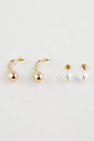 DeFacto Damen 2-teilige Perlen-Gold-Ohrringe D6385AXNS