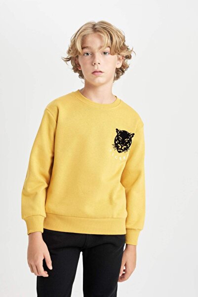 DeFacto Erkek Çocuk Sarı Bisiklet Yaka Kaplan Baskılı Sweatshirt D3096A824AU