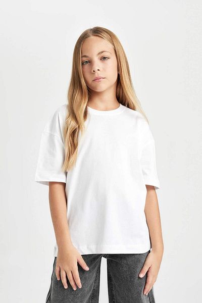 DeFacto Tricou de bază cu mânecă scurtă pentru fete, oversize, cu decolteu lat, D3345A824AU
