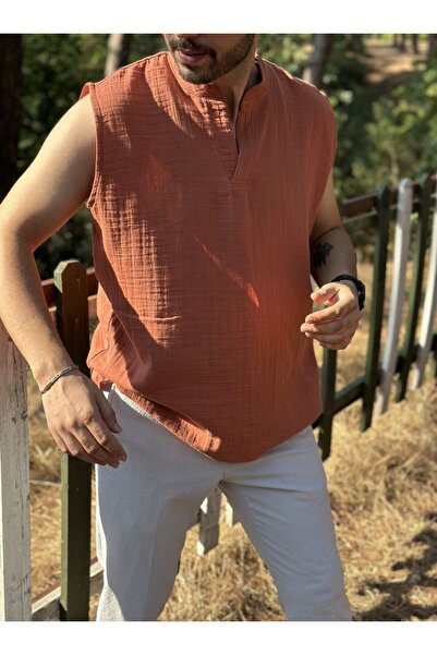 Paseam Atelier Sıfır Kol Hakim Yaka Müslin Kumaş Yazlık Erkek T-Shirt