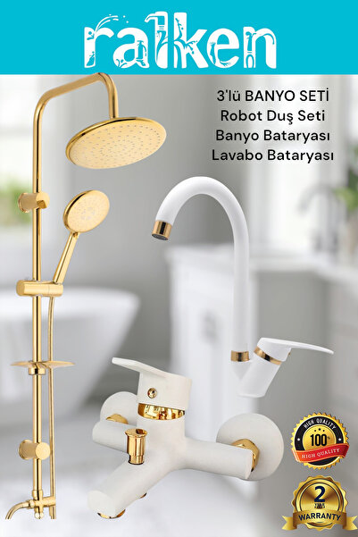 RALKEN Lüx Beyaz Gold Yuvarlak 3’lü Banyo Seti Altın Robot Tepe Duş, Banyo, Lavabo Bataryası Musluk Takımı