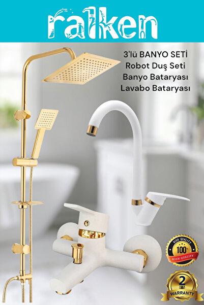 RALKEN Lüx Beyaz Gold Kare 3’lü Banyo Seti Altın Robot Tepe Duş, Banyo, Lavab...