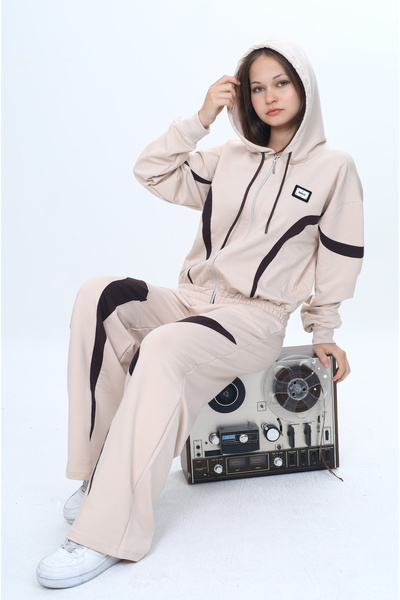 Joui Co Trend Oversize Κορίτσι %100 Βαμβακερό Γαρνιρισμένο Αθλητικό Κουστούμι με Κουκούλα – Μοντέλο με Φερμουάρ-315