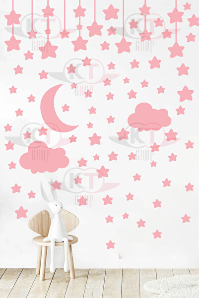 KT Decor Pembe Bulutlar ve Yıldızlar Bebek ve Çocuk Odası Duvar Sticker Seti