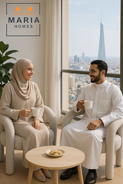 MARIA HOMES Modern Beige Artistic Accent Chair – Round Armchair with Tubular Frame and Minimalist Luxury Style