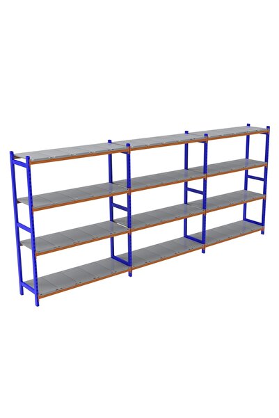 RafBurada 4 Katlı 3'lü Depo Rafı - 300-350 Kg Taşıma Kapasiteli Hafif Rack Raf 40x180x250 Cm