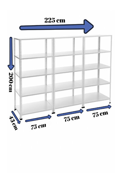 RafBurada 5 Katlı 3'lü Galvaniz Çelik Raf - Depo, Arşiv, Kiler, Dosya, Market Rafı 43x75 Cm-200 Cm-0.70 Mm