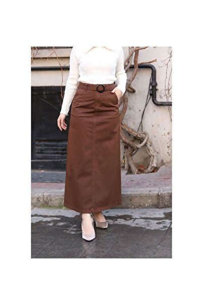 VELLICHOR Pocket Detailed Belted Buckle Gabardine Skirt Brown