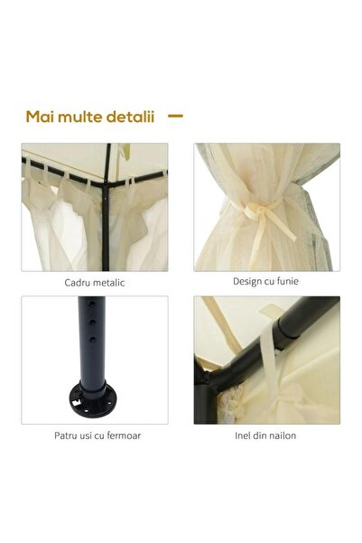 Mercaton Pavilion/arbour for garden/terrace, metal frame, with curtains, beige, 2.95×2.95×2.63 m