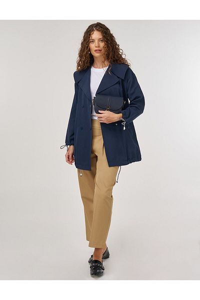 Kayra Buttoned Wide Collar Trench Coat Dark Navy