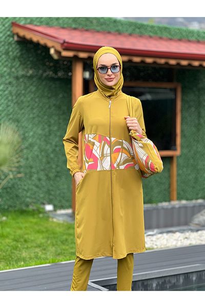 ButikKardelen Costum de baie Camelya Hijab 5 piese cu geantă cu model 10368