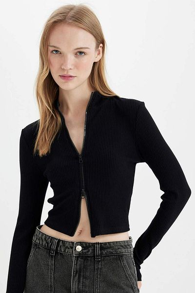 DeFacto Fitted Stand Collar Basic Plain Zippered Ribbed Camisole Crop Black Cardigan D5124Ax24Au