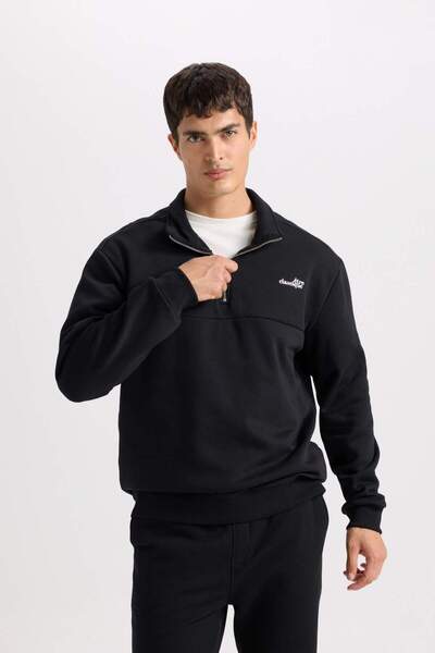 DeFacto Дебел суитшърт с принт с цип и яка за релаксираща форма 3157612