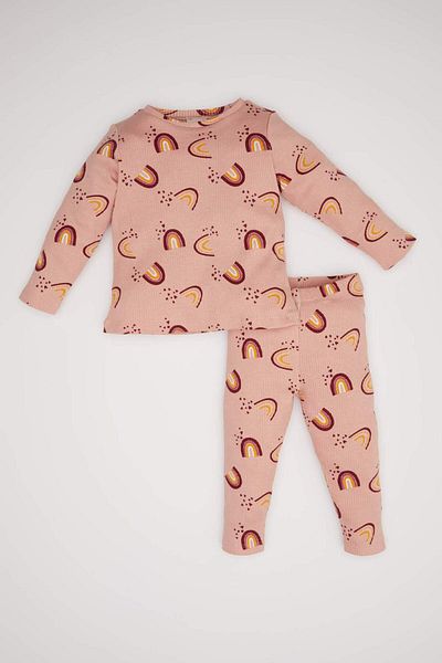 DeFacto Baby Girl Rainbow Printed Long Sleeve Ribbed Camisole 2-Piece Pajamas Set D6801A5Ns