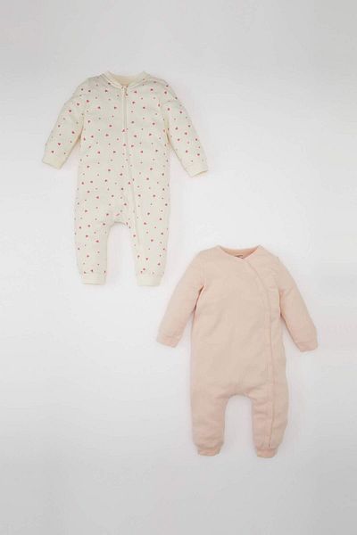 DeFacto Baby Girl Newborn Zippered Heart Patterned Long Sleeve 2-Piece Jumpsuit D1681A524Au