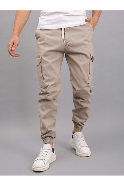 YXC Trend Maker Men's Cargo Pocket Linen Trousers with Elastic Legs Stone