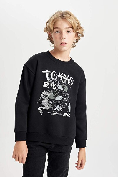 DeFacto Erkek Çocuk Siyah Oversize Geniş Kalıp Bisiklet Yaka Baskılı Sweatshirt D5680A824WN