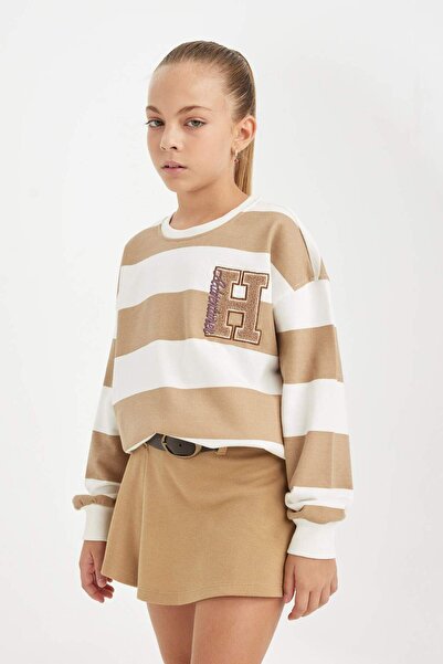 DeFacto Бродиран суитшърт с кръгло деколте за момиче, свободна кройка, D3862A824AU