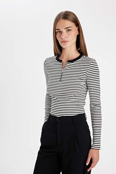 DeFacto Slim Fit Dar Kesim Bisiklet Yaka Yarım Fermuarlı Çizgili Fitilli Kaşkorse Uzun Kollu Tişört D6104AX2