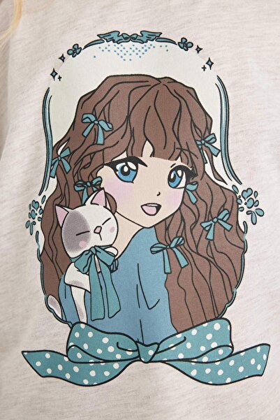 DeFacto Kız Çocuk Pijama Takım Baskılı Uzun Kollu Üst Beli Lastikli Uzun Alt D6058A824AU