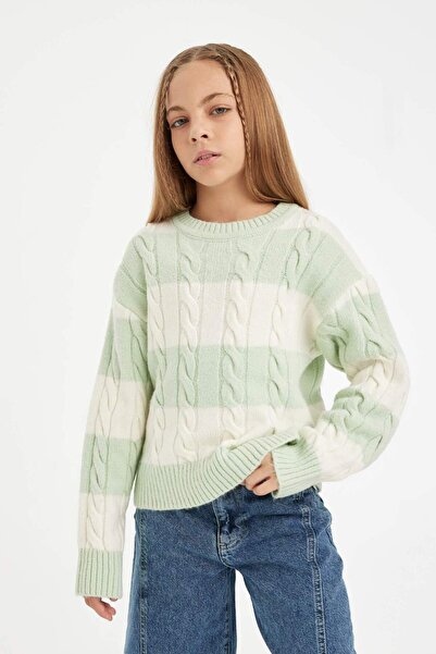 DeFacto Kız Çocuk Çizgili Bisiklet Yaka Saç Örgülü Triko Kazak B1925A824AU