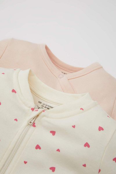 DeFacto Baby Girl Newborn Zippered Heart Patterned Long Sleeve 2-Piece Jumpsuit D1681A524Au