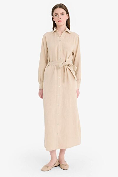 DeFacto Gömlek Yaka Kuşaklı Müslin Uzun Kollu Maxi Elbise D9633AX25SM