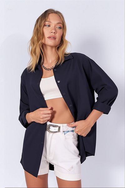 hazelin Дамска тъмносиня дълга риза Oversize Basic Hzl22w-bd139001