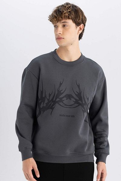 DeFacto Men's Anthracite Boxy Fit Crew Neck Printed Sweatshirt D2023Ax24Au