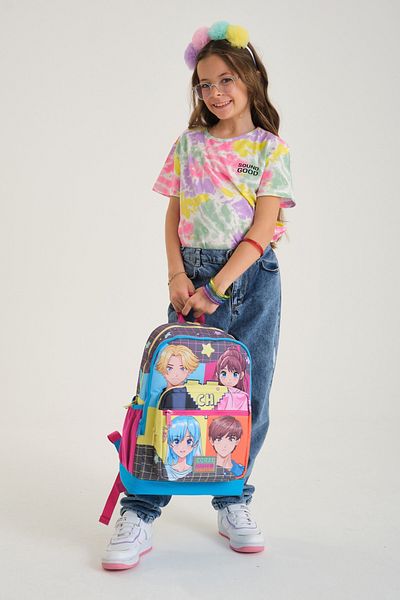 Coral High Geantă de școală pentru copii cu model anime, gri, albastru, roz - 23737