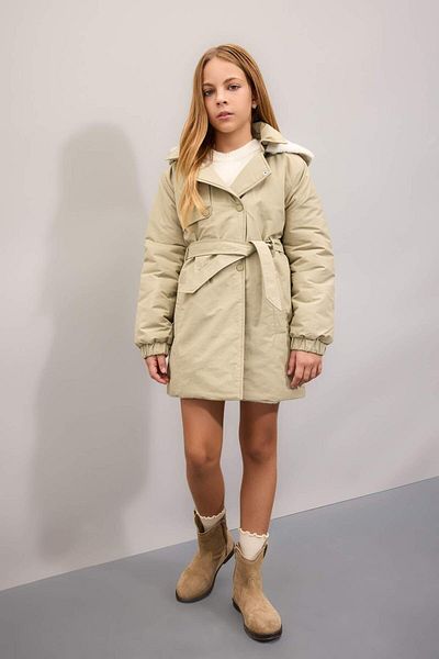 DeFacto Girls' Water Repellent Hooded Snap Fastener Waist Belt Faux Fur Lined Long Raincoat C5230A824Au
