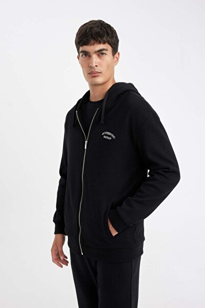DeFacto Siyah Relax Fit Kapüşonlu Waffle Baskılı Cepli Fermuarlı Sweatshirt D2629AX24AU