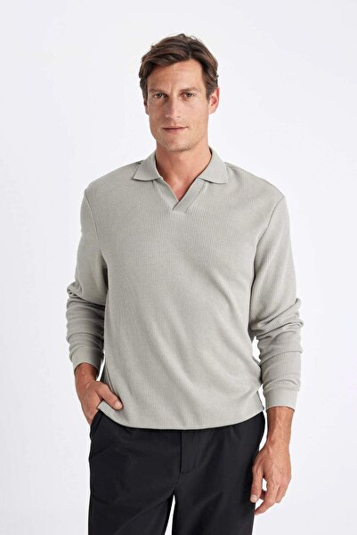 DeFacto Açık Haki Regular Fit Polo Yaka Jakarlı Triko Sweatshirt A9785AX24AU