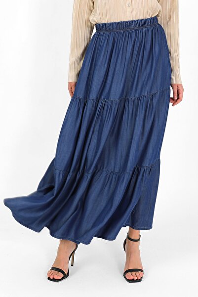 VELLICHOR BELİ LASTİKLİ BÜZGÜLÜ ETEK Koyu Mavi