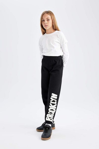 DeFacto Pantaloni de sport negri pentru fete, cu talie imprimată, cu picioare elastice D3209A824WN