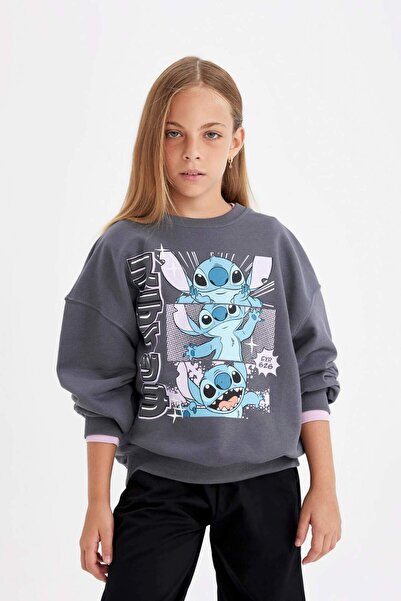 DeFacto Girls' Disney Lilo & Stitch Oversize Wide Fit Crew Neck Sweatshirt C9...