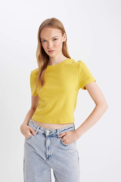 DeFacto Coool Fitted Crew Neck Rib Basic Plain Short Sleeve T-Shirt T9631Az24Au