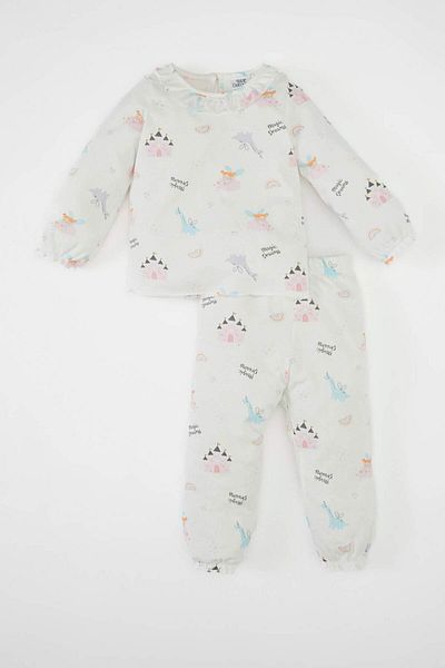 DeFacto Baby Girl Pajama Set Printed Long Sleeve Top Elastic Waist Long Bottom Combed Cotton D1799A524Au