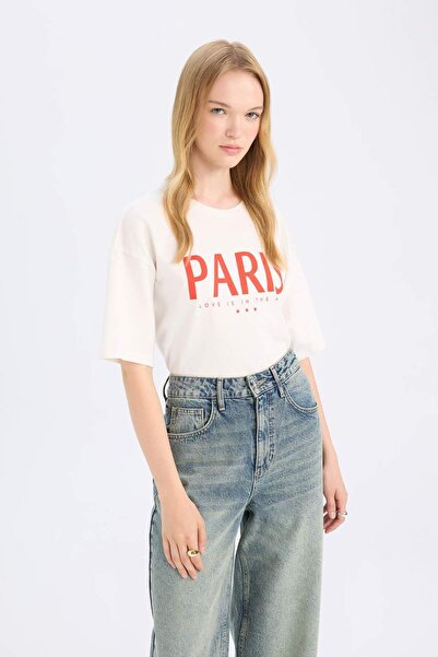 DeFacto Μπλουζάκι με κοντό μανίκι με στάμπα Oversize Wide Fit Crew D5276AX24AU